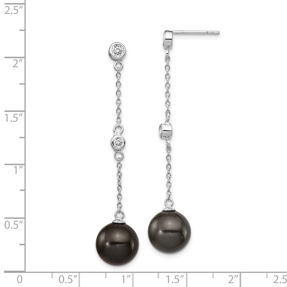 Sterling Silver Majestik Rhodium-Plated Cz Bezel And 10-11mm Black Imitation Shell Pearl Post Dangle Earrings