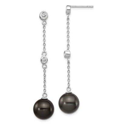 Sterling Silver Majestik Rhodium-Plated Cz Bezel And 10-11mm Black Imitation Shell Pearl Post Dangle Earrings