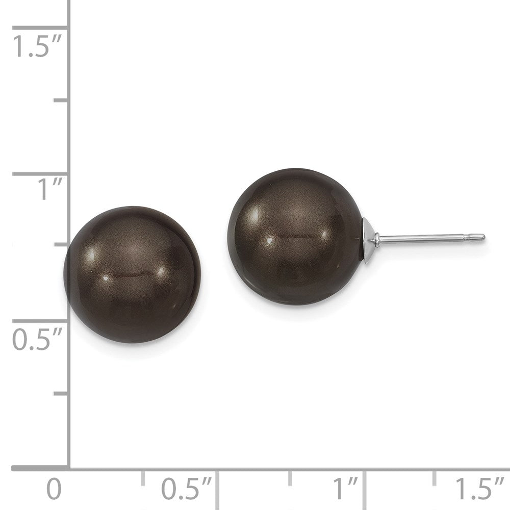 Sterling Silver Majestik Rhodium-Plated 12-13mm Black Imitation Shell Pearl Stud Earrings