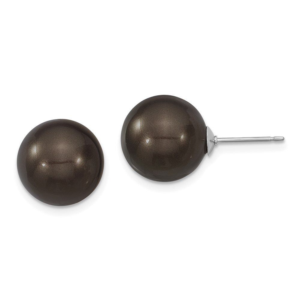 Sterling Silver Majestik Rhodium-Plated 12-13mm Black Imitation Shell Pearl Stud Earrings