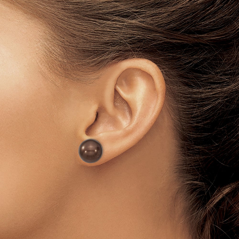 Sterling Silver Majestik Rhodium-Plated 12-13mm Brown Imitation Shell Pearl Stud Earrings