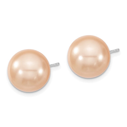Sterling Silver Majestik Rhodium-Plated 12-13mm Pink Imitation Shell Pearl Stud Earrings