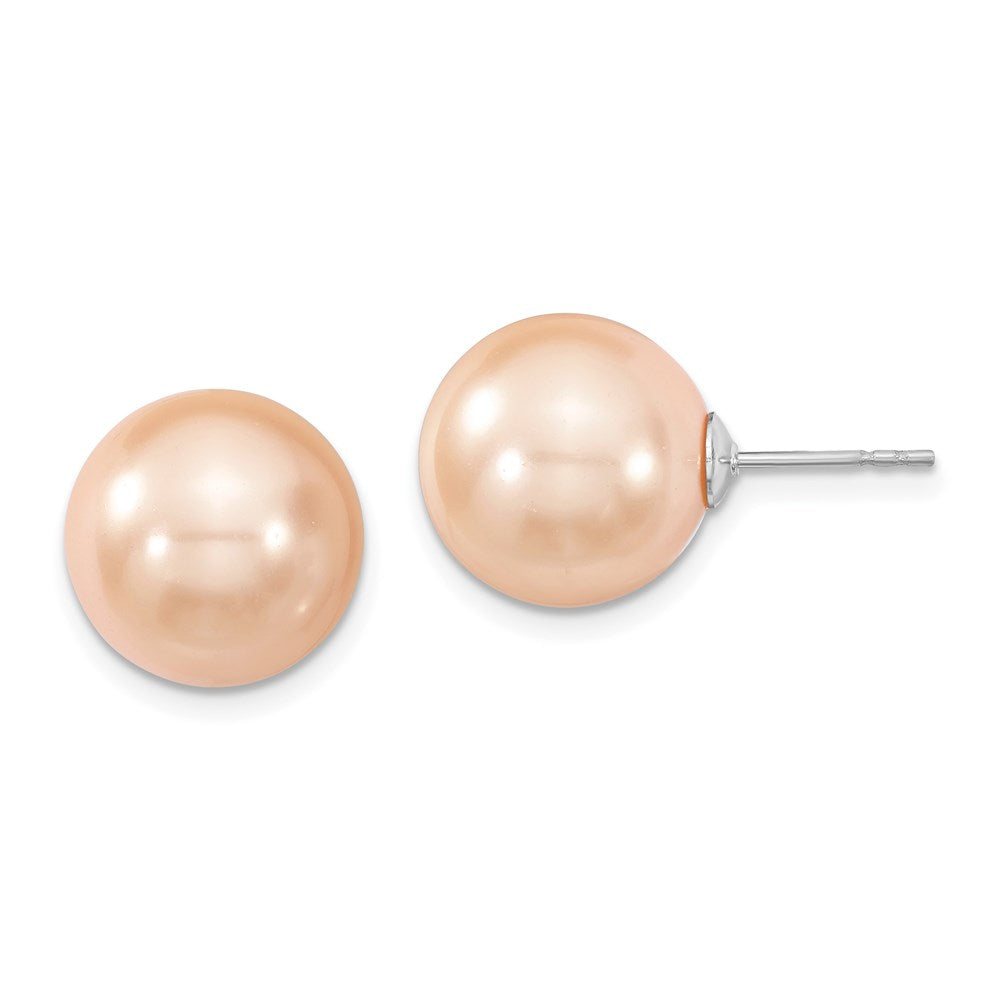 Sterling Silver Majestik Rhodium-Plated 12-13mm Pink Imitation Shell Pearl Stud Earrings