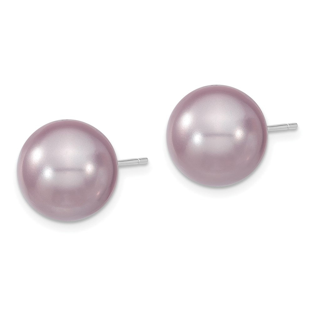 Sterling Silver Majestik Rhodium-Plated 12-13mm Purple Imitation Shell Pearl Stud Earrings