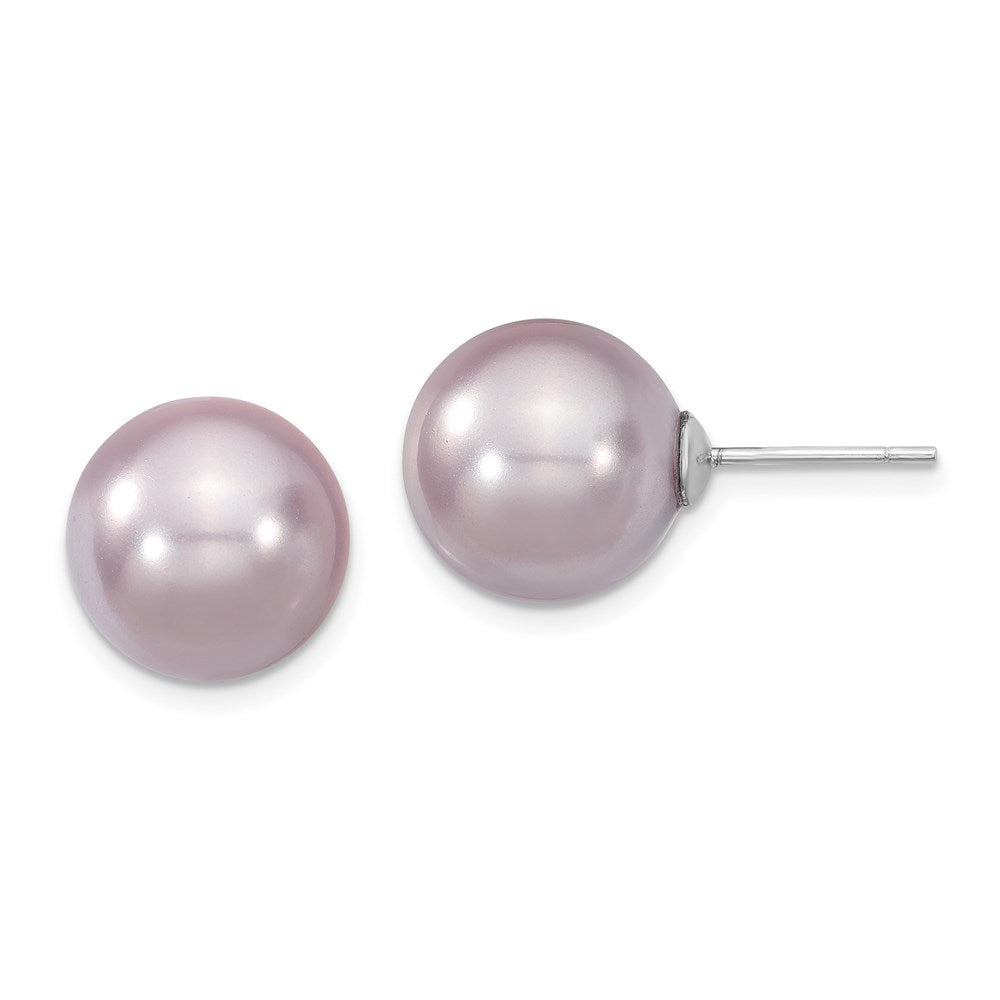 Sterling Silver Majestik Rhodium-Plated 12-13mm Purple Imitation Shell Pearl Stud Earrings