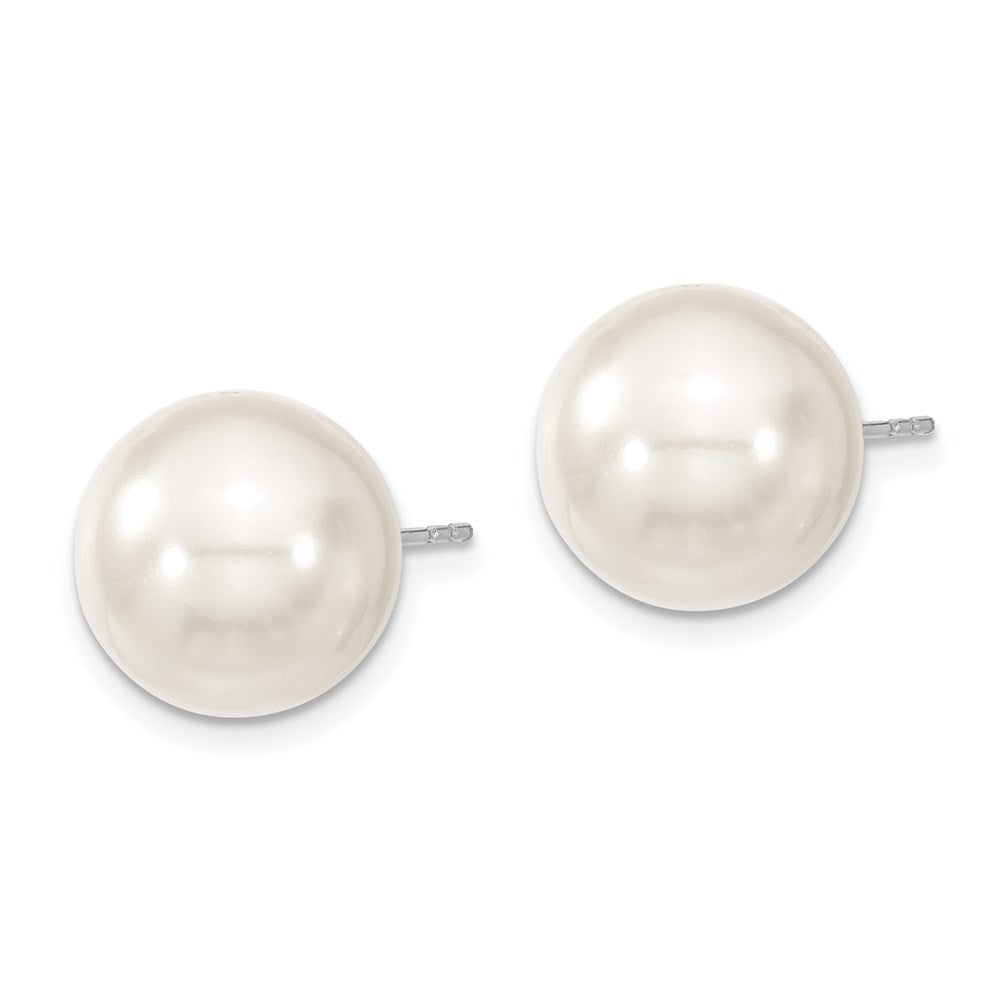 Sterling Silver Majestic Rhodium-Plated 12-13mm White Imitation Shell Pearl Stud Earrings
