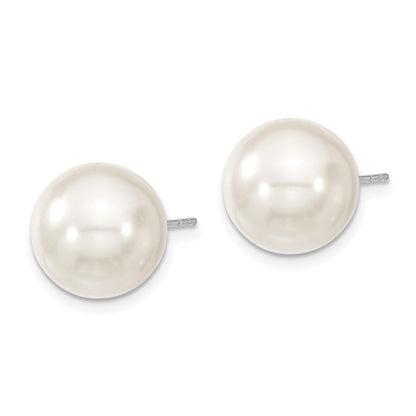 Sterling Silver Majestic Rhodium-Plated 12-13mm White Imitation Shell Pearl Stud Earrings