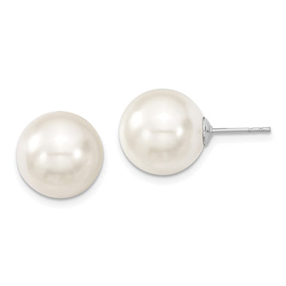 Sterling Silver Majestic Rhodium-Plated 12-13mm White Imitation Shell Pearl Stud Earrings