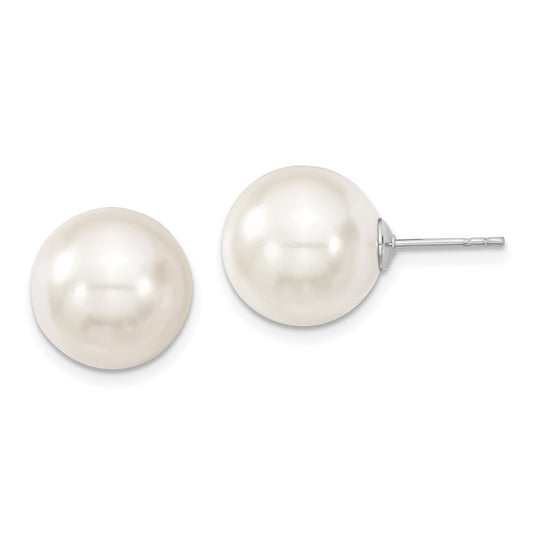 Sterling Silver Majestic Rhodium-Plated 12-13mm White Imitation Shell Pearl Stud Earrings