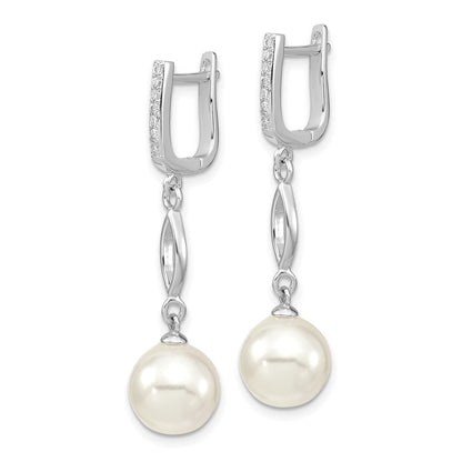 Sterling Silver Majestik Rhodium-Plated Cz Hinged Hoop With 10-11mm White Imitation Shell Pearl Dangle Post Earrings