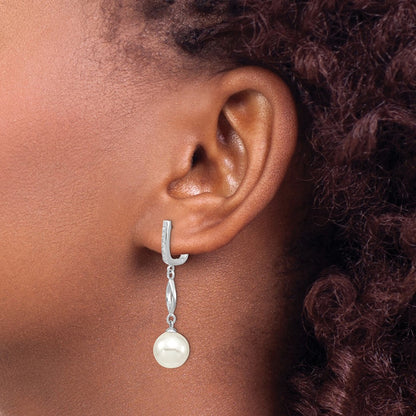 Sterling Silver Majestik Rhodium-Plated Cz Hinged Hoop With 10-11mm White Imitation Shell Pearl Dangle Post Earrings
