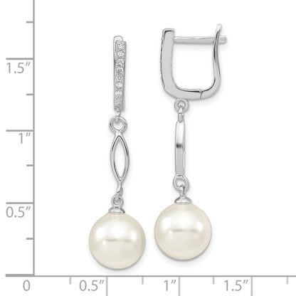 Sterling Silver Majestik Rhodium-Plated Cz Hinged Hoop With 10-11mm White Imitation Shell Pearl Dangle Post Earrings