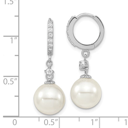 Sterling Silver Majestic Rhodium-Plated 10-11mm White Imitation Shell Pearl Cz Hinged Hoop Dangle Earrings