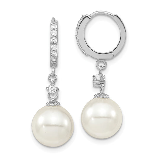 Sterling Silver Majestic Rhodium-Plated 10-11mm White Imitation Shell Pearl Cz Hinged Hoop Dangle Earrings