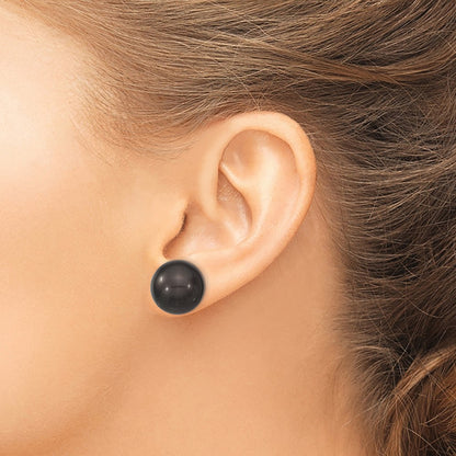 Sterling Silver Majestik Rhodium-Plated 14-15mm Black Imitation Shell Pearl Stud Earrings