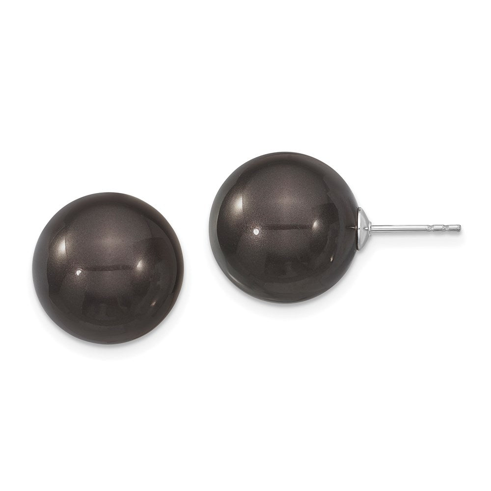 Sterling Silver Majestik Rhodium-Plated 14-15mm Black Imitation Shell Pearl Stud Earrings