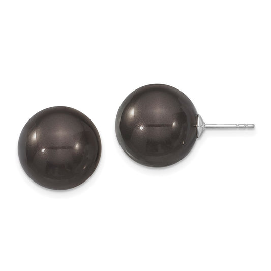 Sterling Silver Majestik Rhodium-Plated 14-15mm Black Imitation Shell Pearl Stud Earrings
