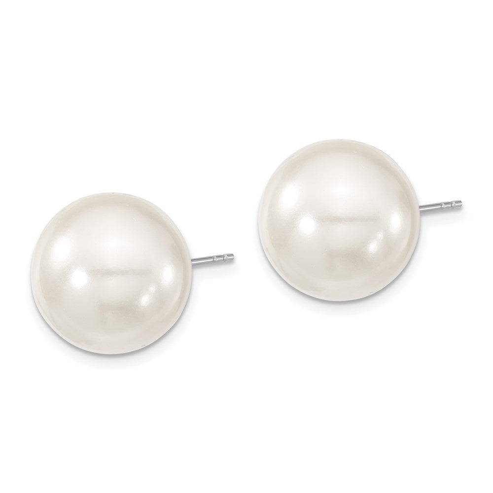 Sterling Silver Majestic Rhodium-Plated 14-15mm White Imitation Shell Pearl Stud Earrings