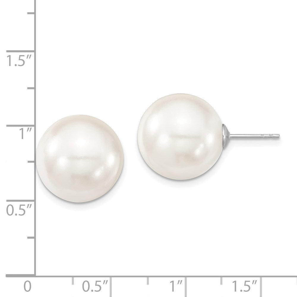Sterling Silver Majestic Rhodium-Plated 14-15mm White Imitation Shell Pearl Stud Earrings