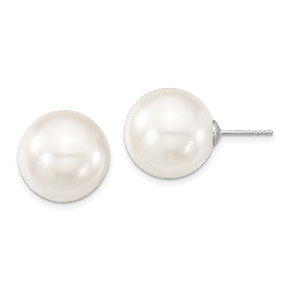 Sterling Silver Majestic Rhodium-Plated 14-15mm White Imitation Shell Pearl Stud Earrings