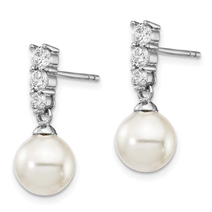 Sterling Silver Majestik Rhodium-Plated 8-9mm Imitation Shell Pearl Cz Dangle Earrings