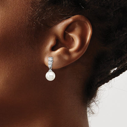 Sterling Silver Majestik Rhodium-Plated 8-9mm Imitation Shell Pearl Cz Dangle Earrings