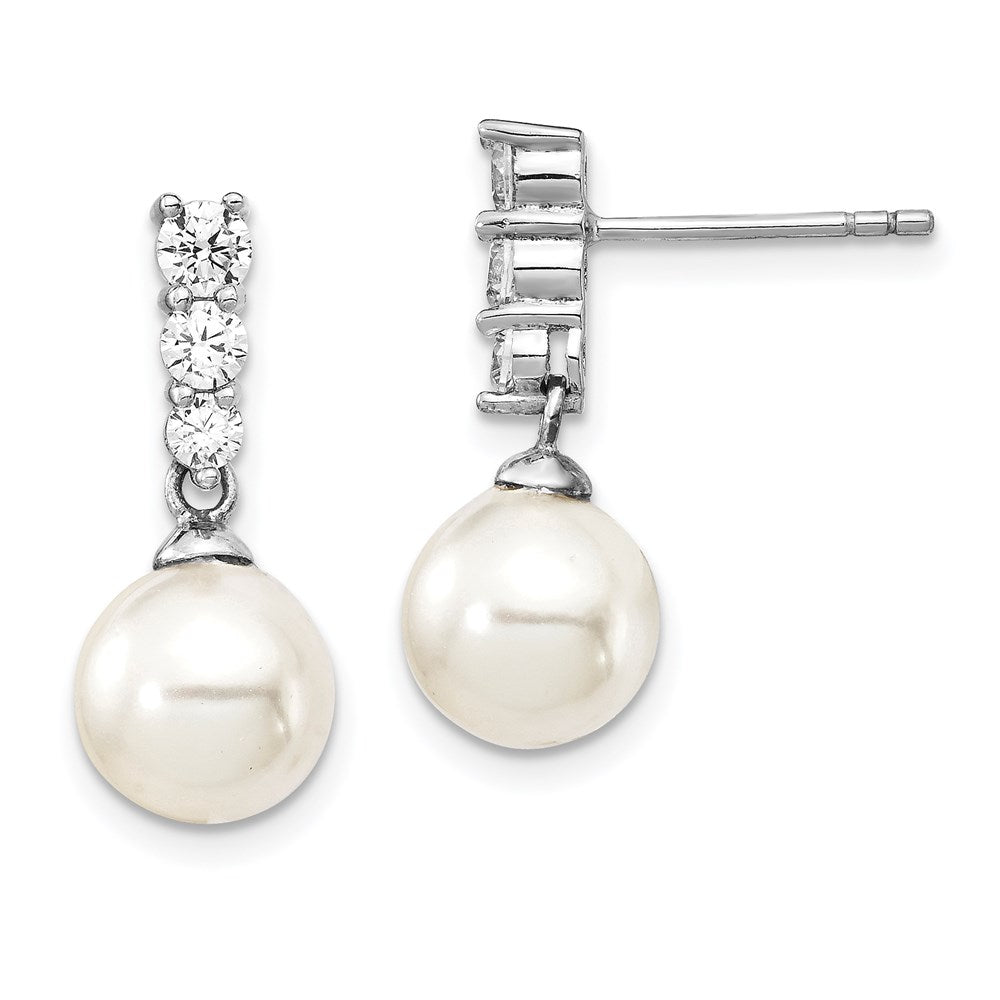 Sterling Silver Majestik Rhodium-Plated 8-9mm Imitation Shell Pearl Cz Dangle Earrings