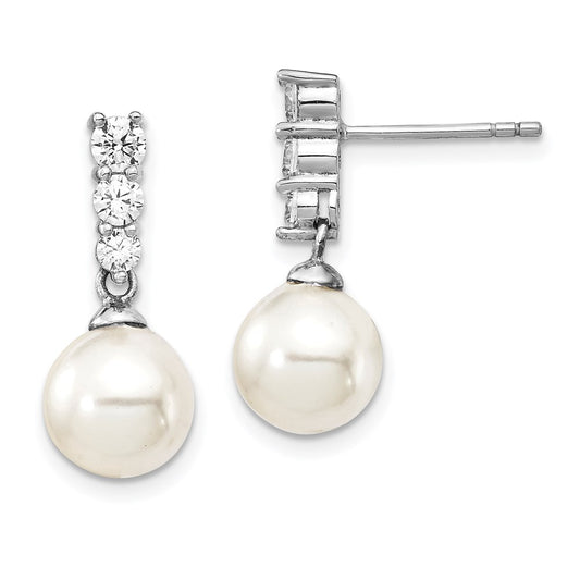 Sterling Silver Majestik Rhodium-Plated 8-9mm Imitation Shell Pearl Cz Dangle Earrings