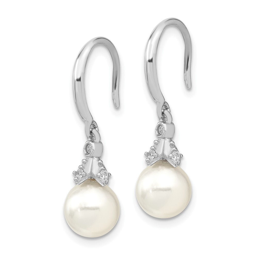 Sterling Silver Majestic Rhodium-Plated 8-9mm White Imitation Shell Pearl Cz Dangle Earrings