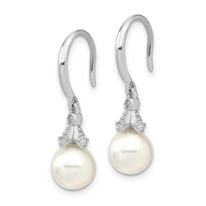 Sterling Silver Majestic Rhodium-Plated 8-9mm White Imitation Shell Pearl Cz Dangle Earrings