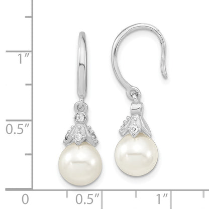 Sterling Silver Majestic Rhodium-Plated 8-9mm White Imitation Shell Pearl Cz Dangle Earrings