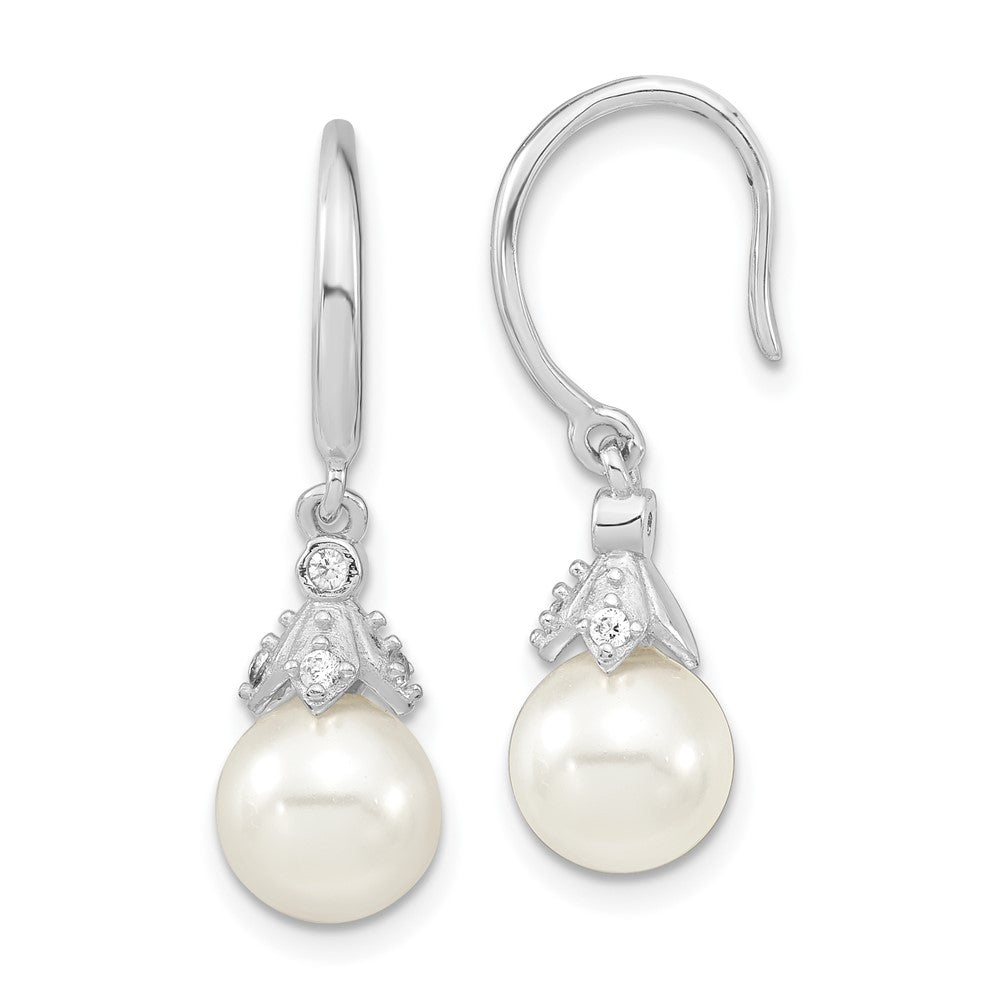 Sterling Silver Majestic Rhodium-Plated 8-9mm White Imitation Shell Pearl Cz Dangle Earrings