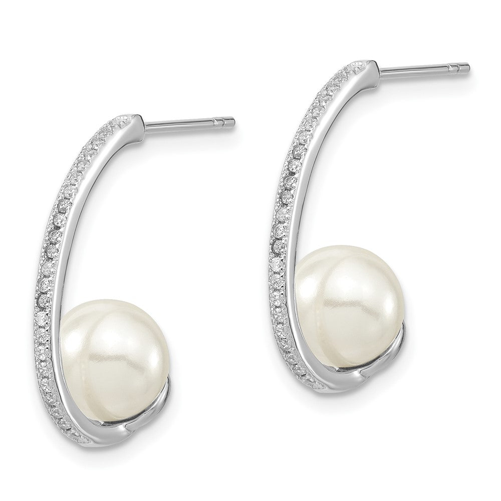 Sterling Silver Majestic Rhodium-Plated 8-9mm White Imitation Shell Pearl Cz J-Hoop Post Earrings