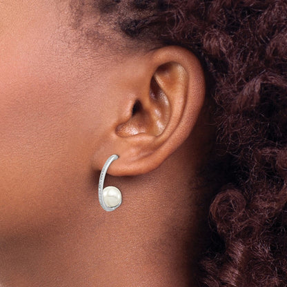 Sterling Silver Majestic Rhodium-Plated 8-9mm White Imitation Shell Pearl Cz J-Hoop Post Earrings
