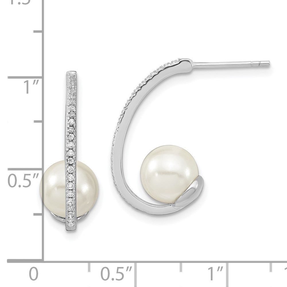 Sterling Silver Majestic Rhodium-Plated 8-9mm White Imitation Shell Pearl Cz J-Hoop Post Earrings