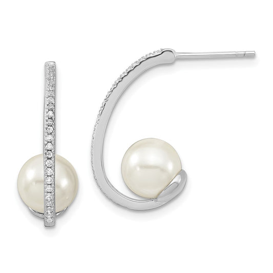 Sterling Silver Majestic Rhodium-Plated 8-9mm White Imitation Shell Pearl Cz J-Hoop Post Earrings