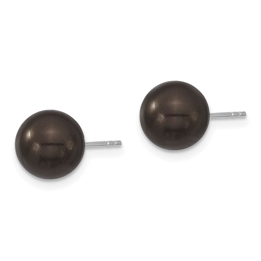 Sterling Silver Majestik Rhodium-Plated 8-9mm Black Imitation Shell Pearl Stud Earrings