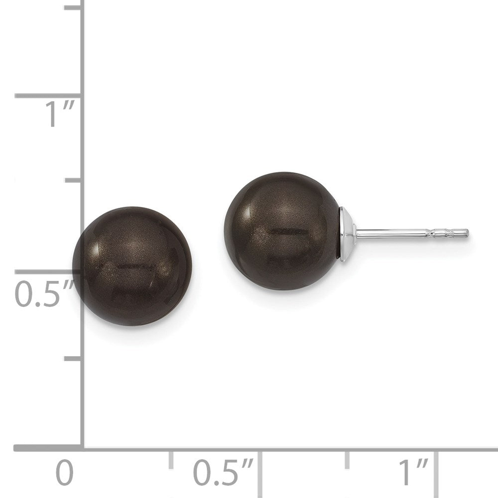 Sterling Silver Majestik Rhodium-Plated 8-9mm Black Imitation Shell Pearl Stud Earrings