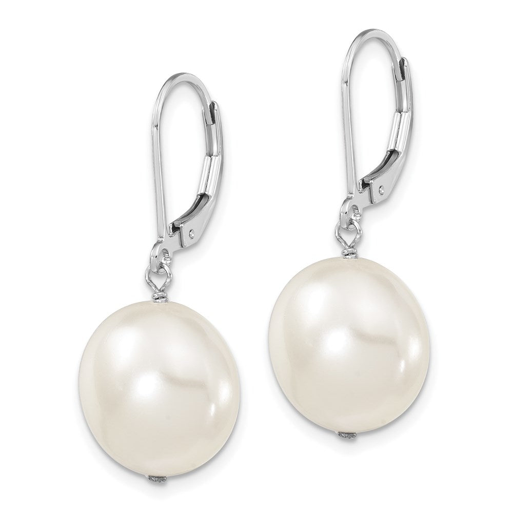 Sterling Silver Majestik Rhodium-Plated 14-15mm Coin White Imitation Shell Pearl Leverback Dangle Earrings