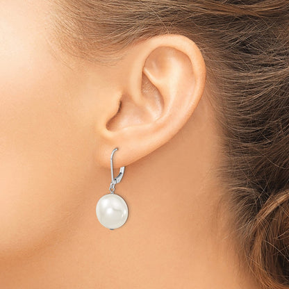 Sterling Silver Majestik Rhodium-Plated 14-15mm Coin White Imitation Shell Pearl Leverback Dangle Earrings