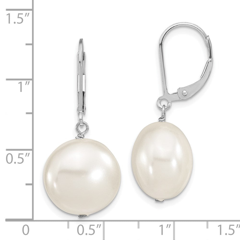 Sterling Silver Majestik Rhodium-Plated 14-15mm Coin White Imitation Shell Pearl Leverback Dangle Earrings