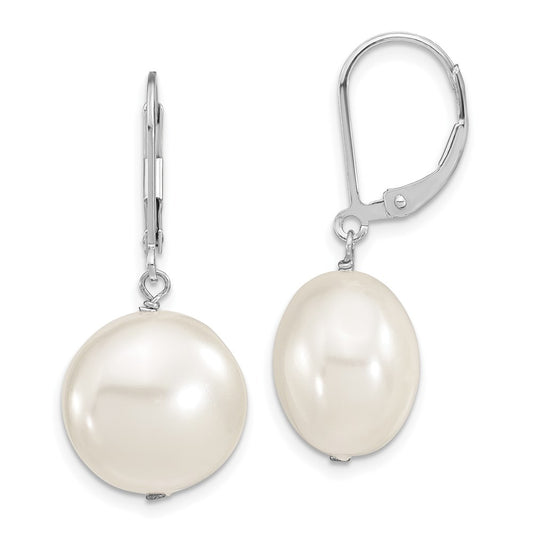 Sterling Silver Majestik Rhodium-Plated 14-15mm Coin White Imitation Shell Pearl Leverback Dangle Earrings