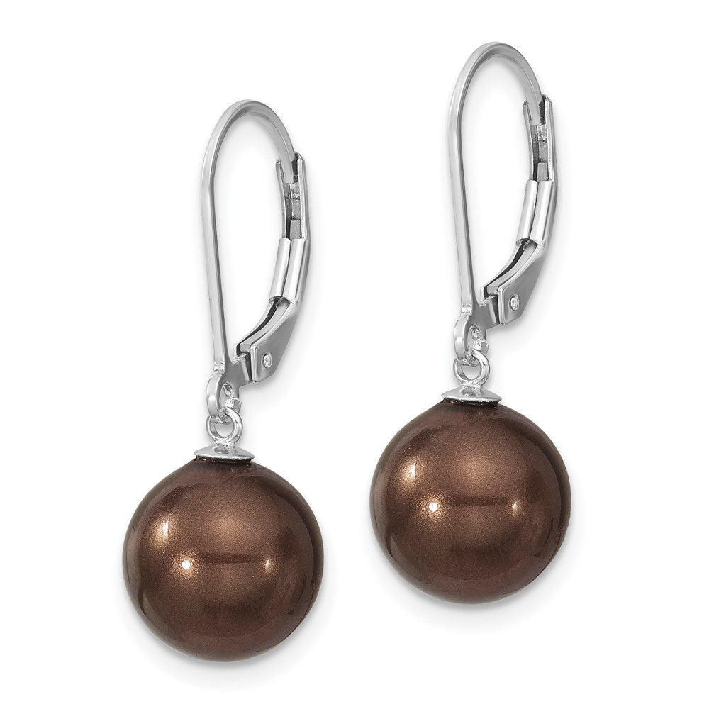 Sterling Silver Majestik Rhodium-Plated 10-11mm Brown Imitation Shell Pearl Leverback Dangle Earrings