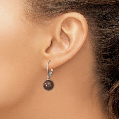 Sterling Silver Majestik Rhodium-Plated 10-11mm Brown Imitation Shell Pearl Leverback Dangle Earrings