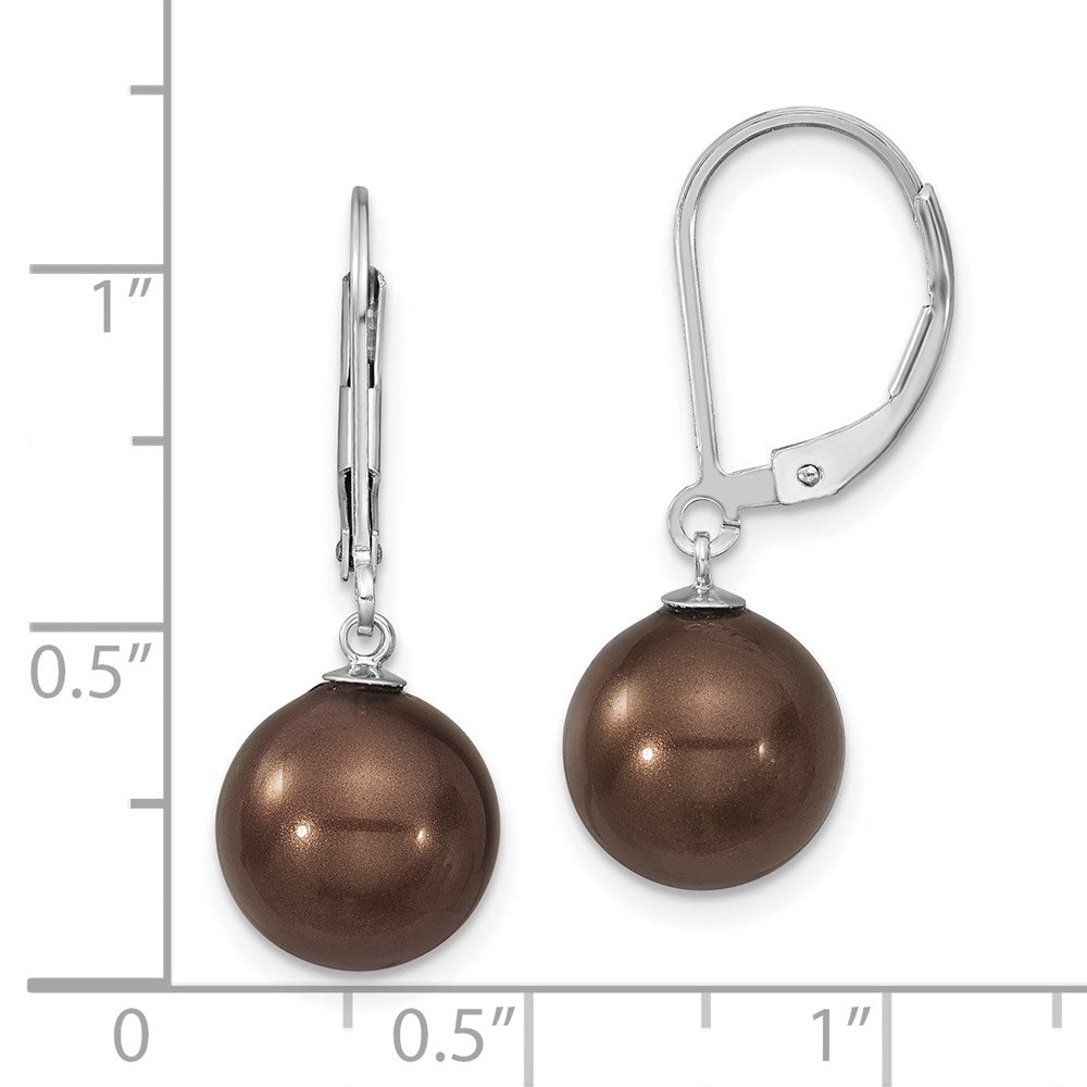 Sterling Silver Majestik Rhodium-Plated 10-11mm Brown Imitation Shell Pearl Leverback Dangle Earrings