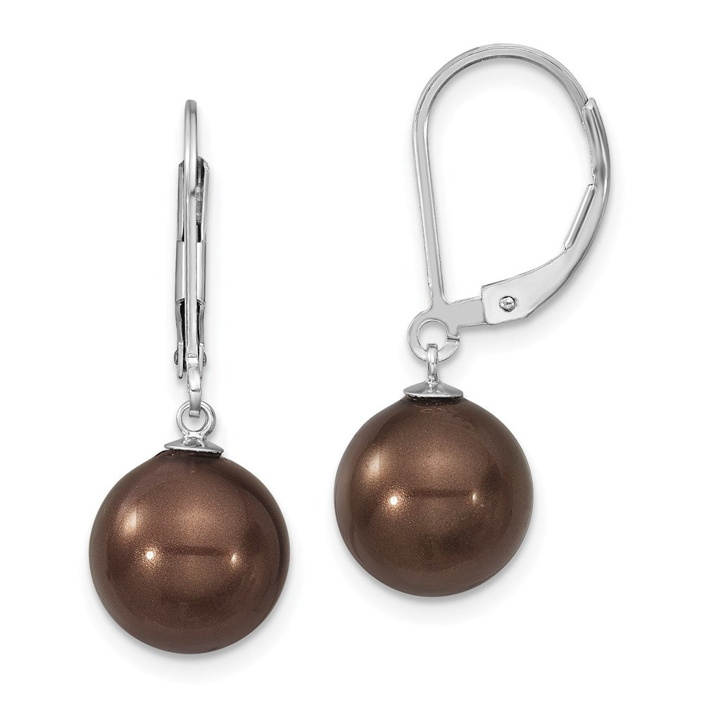 Sterling Silver Majestik Rhodium-Plated 10-11mm Brown Imitation Shell Pearl Leverback Dangle Earrings