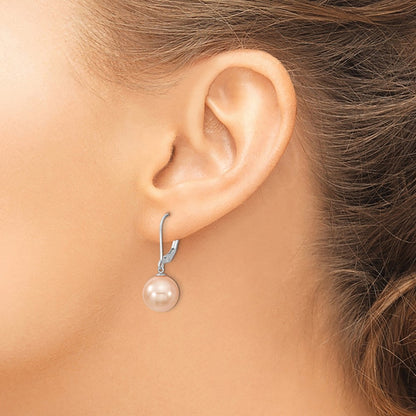 Sterling Silver Majestik Rhodium-Plated 10-11mm Pink Imitation Shell Pearl Leverback Dangle Earring