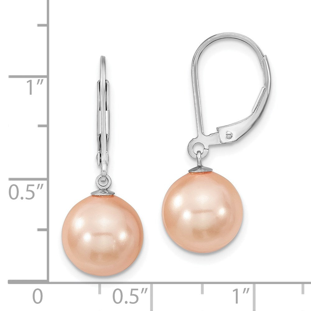 Sterling Silver Majestik Rhodium-Plated 10-11mm Pink Imitation Shell Pearl Leverback Dangle Earring