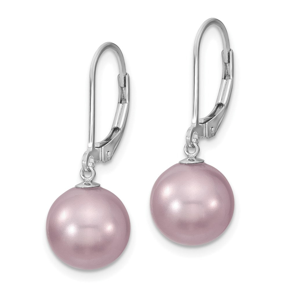 Sterling Silver Majestik Rhodium-Plated 10-11mm Purple Imitation Shell Pearl Leverback Dangle Earrings