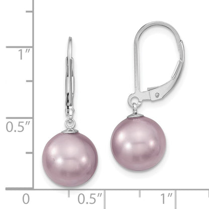Sterling Silver Majestik Rhodium-Plated 10-11mm Purple Imitation Shell Pearl Leverback Dangle Earrings